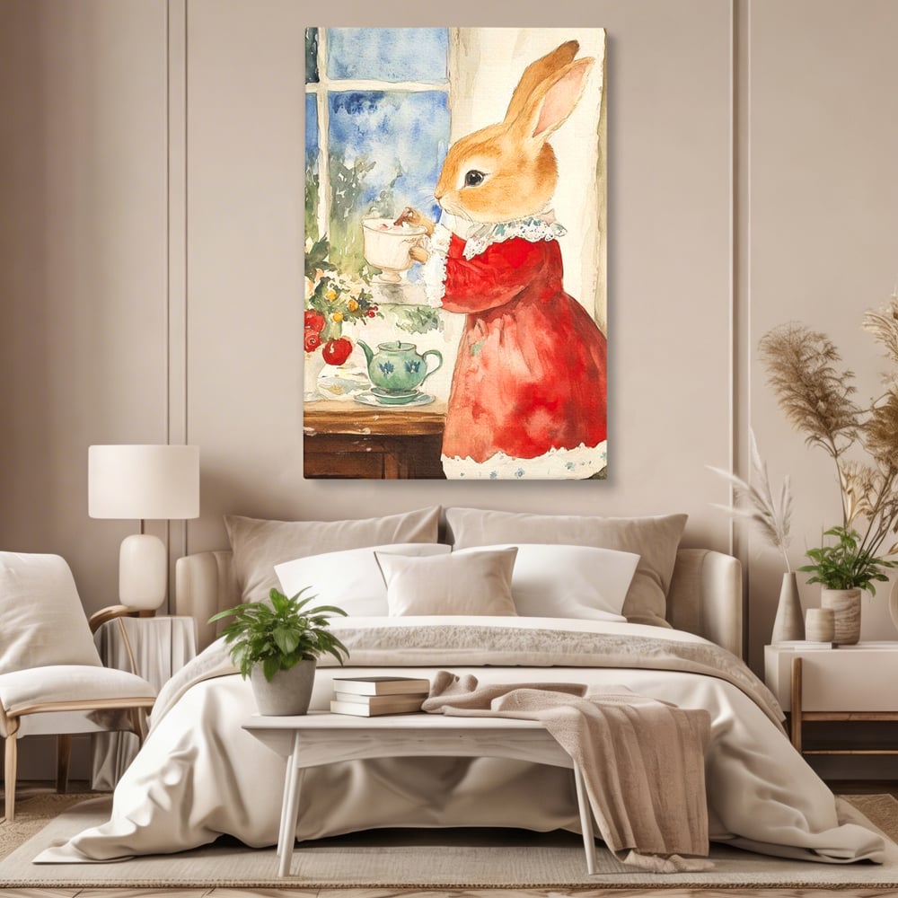 Tablou canvas cu tablou canvas cu iepuras care bea ceai, fara rama, pe sasiu de lemn, pe perete intr-un dormitor